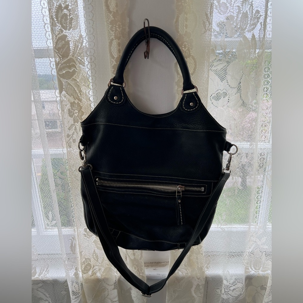 Black Leather Tote Bag with Front Zip Pocket